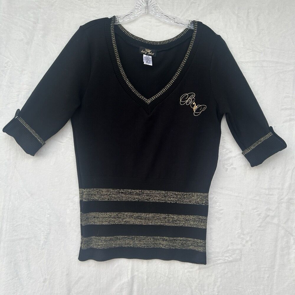 Baby Phat Black Gold Striped Dressy Knitted V Neck Sweater Women's 1X Hot Y2k